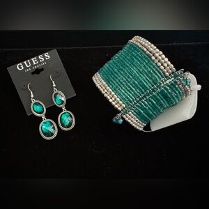 NWT! GUESS Drop Style Earrings Faux Jewels + Cuffed Beaded  Bracelet